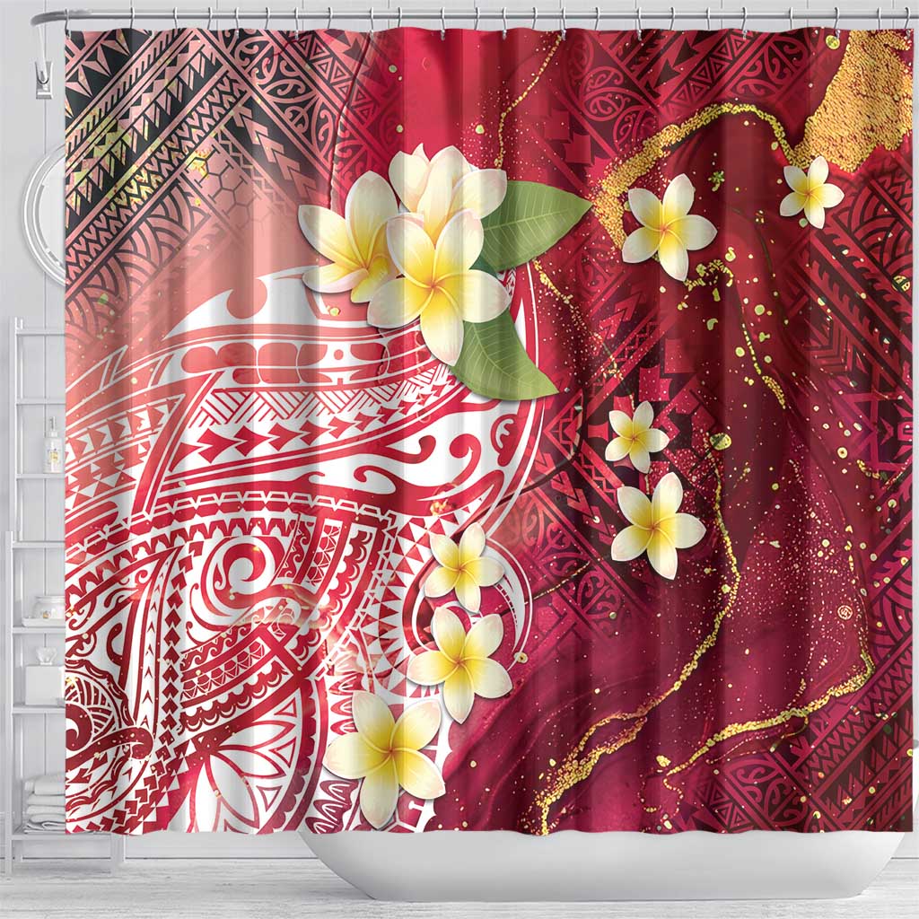 Polynesian Tribal Tattoo Shower Curtain Plumeria Blood Red and Gold Marble Pattern