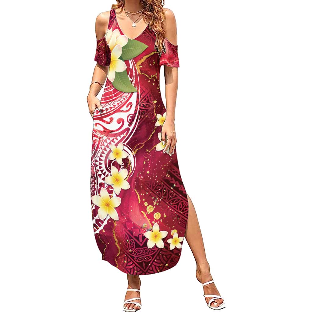 Polynesian Tribal Tattoo Summer Maxi Dress Plumeria Blood Red and Gold Marble Pattern