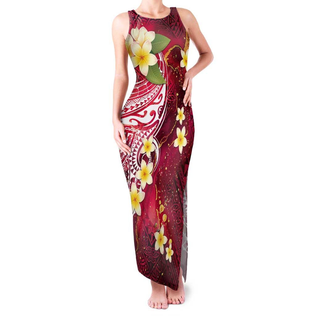 Polynesian Tribal Tattoo Tank Maxi Dress Plumeria Blood Red and Gold Marble Pattern