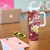 Polynesian Tribal Tattoo Tumbler With Handle Plumeria Blood Red and Gold Marble Pattern