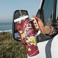 Polynesian Tribal Tattoo Tumbler With Handle Plumeria Blood Red and Gold Marble Pattern