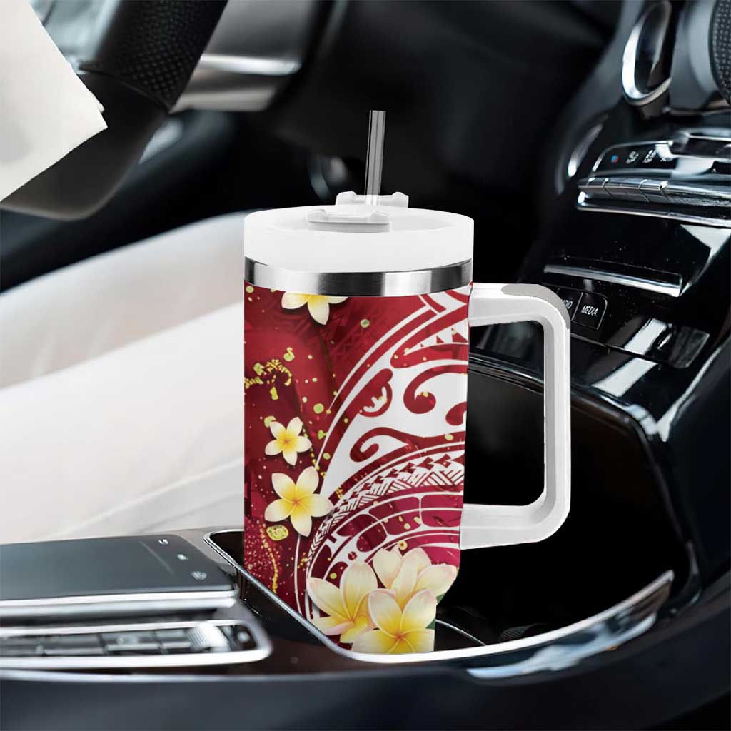 Polynesian Tribal Tattoo Tumbler With Handle Plumeria Blood Red and Gold Marble Pattern