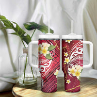 Polynesian Tribal Tattoo Tumbler With Handle Plumeria Blood Red and Gold Marble Pattern