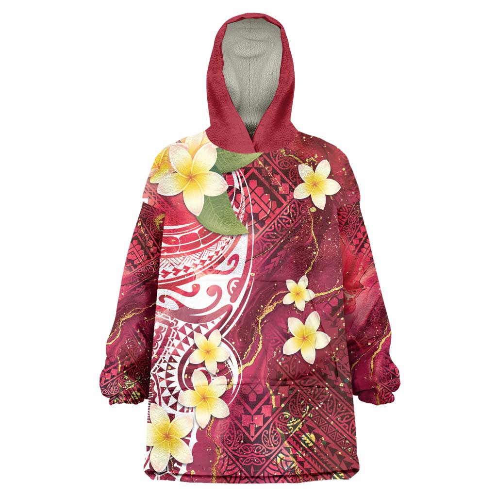 Polynesian Tribal Tattoo Wearable Blanket Hoodie Plumeria Blood Red and Gold Marble Pattern