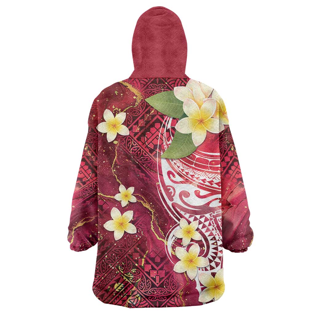 Polynesian Tribal Tattoo Wearable Blanket Hoodie Plumeria Blood Red and Gold Marble Pattern