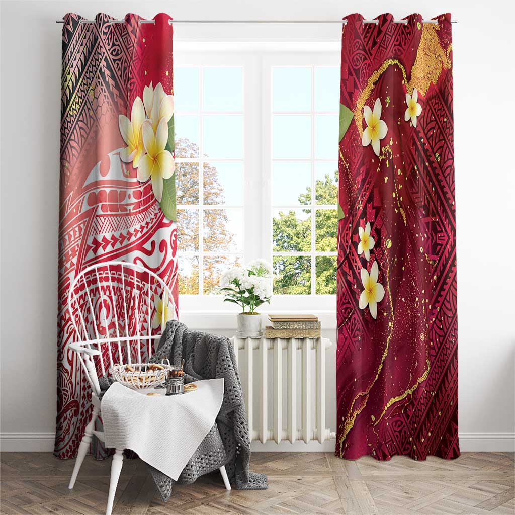 Polynesian Tribal Tattoo Window Curtain Plumeria Blood Red and Gold Marble Pattern
