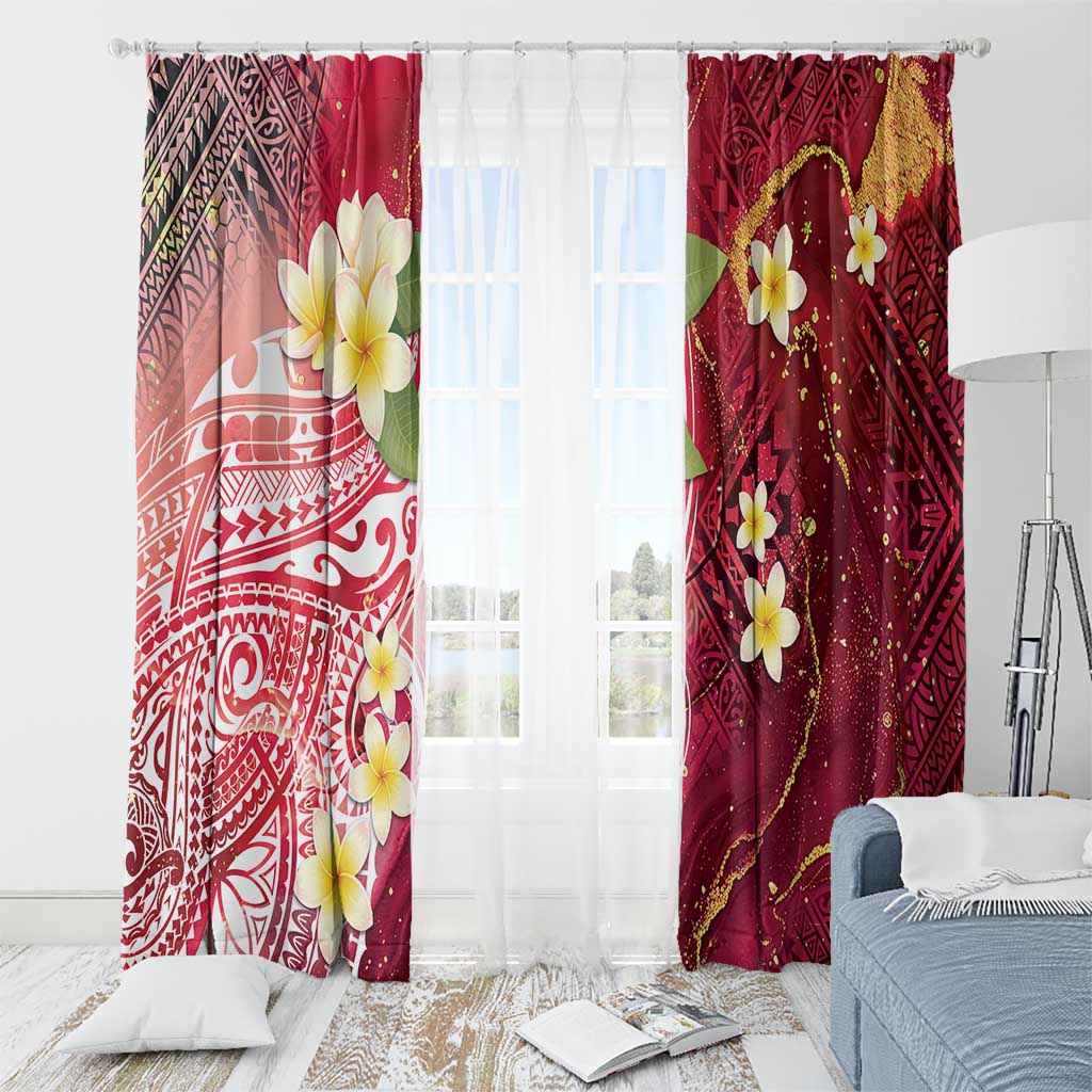 Polynesian Tribal Tattoo Window Curtain Plumeria Blood Red and Gold Marble Pattern