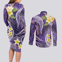 Polynesian Tribal Tattoo Couples Matching Long Sleeve Bodycon Dress and Long Sleeve Button Shirt Plumeria Purple Marble Pattern
