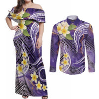 Polynesian Tribal Tattoo Couples Matching Off Shoulder Maxi Dress and Long Sleeve Button Shirt Plumeria Purple Marble Pattern