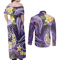 Polynesian Tribal Tattoo Couples Matching Off Shoulder Maxi Dress and Long Sleeve Button Shirt Plumeria Purple Marble Pattern