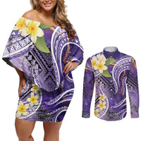 Polynesian Tribal Tattoo Couples Matching Off Shoulder Short Dress and Long Sleeve Button Shirt Plumeria Purple Marble Pattern