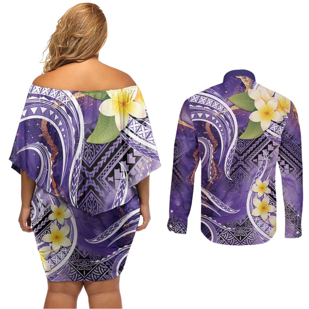 Polynesian Tribal Tattoo Couples Matching Off Shoulder Short Dress and Long Sleeve Button Shirt Plumeria Purple Marble Pattern