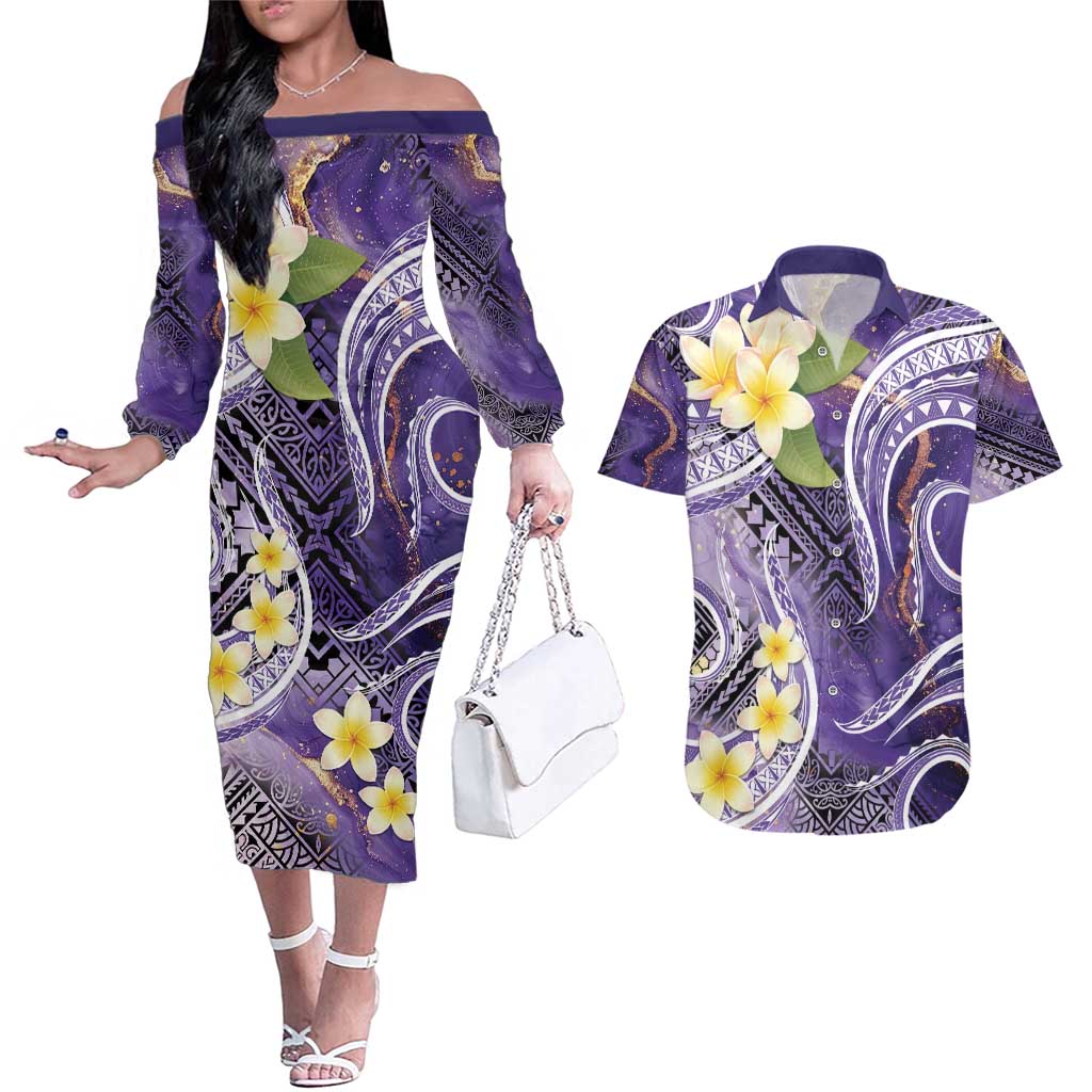 Polynesian Tribal Tattoo Couples Matching Off The Shoulder Long Sleeve Dress and Hawaiian Shirt Plumeria Purple Marble Pattern LT9 Purple - Polynesian Pride