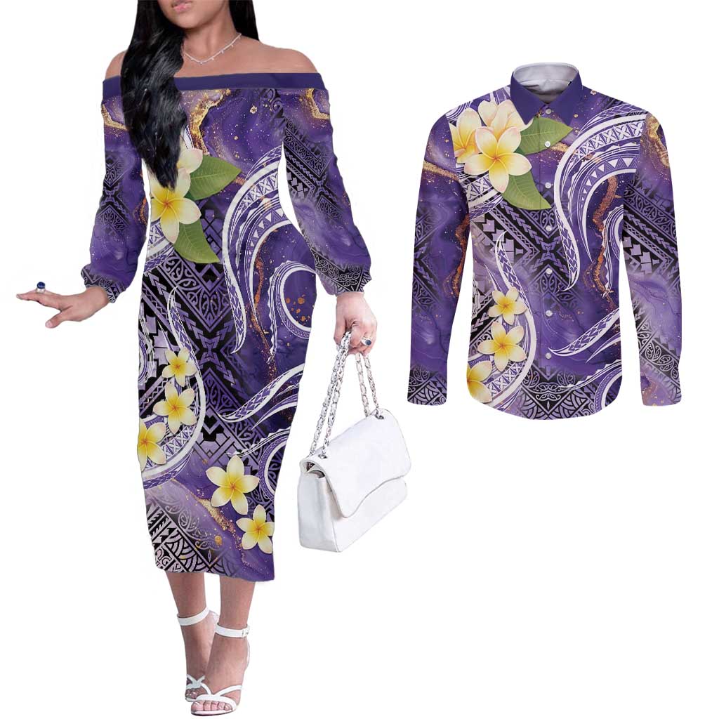 Polynesian Tribal Tattoo Couples Matching Off The Shoulder Long Sleeve Dress and Long Sleeve Button Shirt Plumeria Purple Marble Pattern