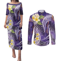 Polynesian Tribal Tattoo Couples Matching Puletasi and Long Sleeve Button Shirt Plumeria Purple Marble Pattern
