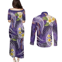 Polynesian Tribal Tattoo Couples Matching Puletasi and Long Sleeve Button Shirt Plumeria Purple Marble Pattern