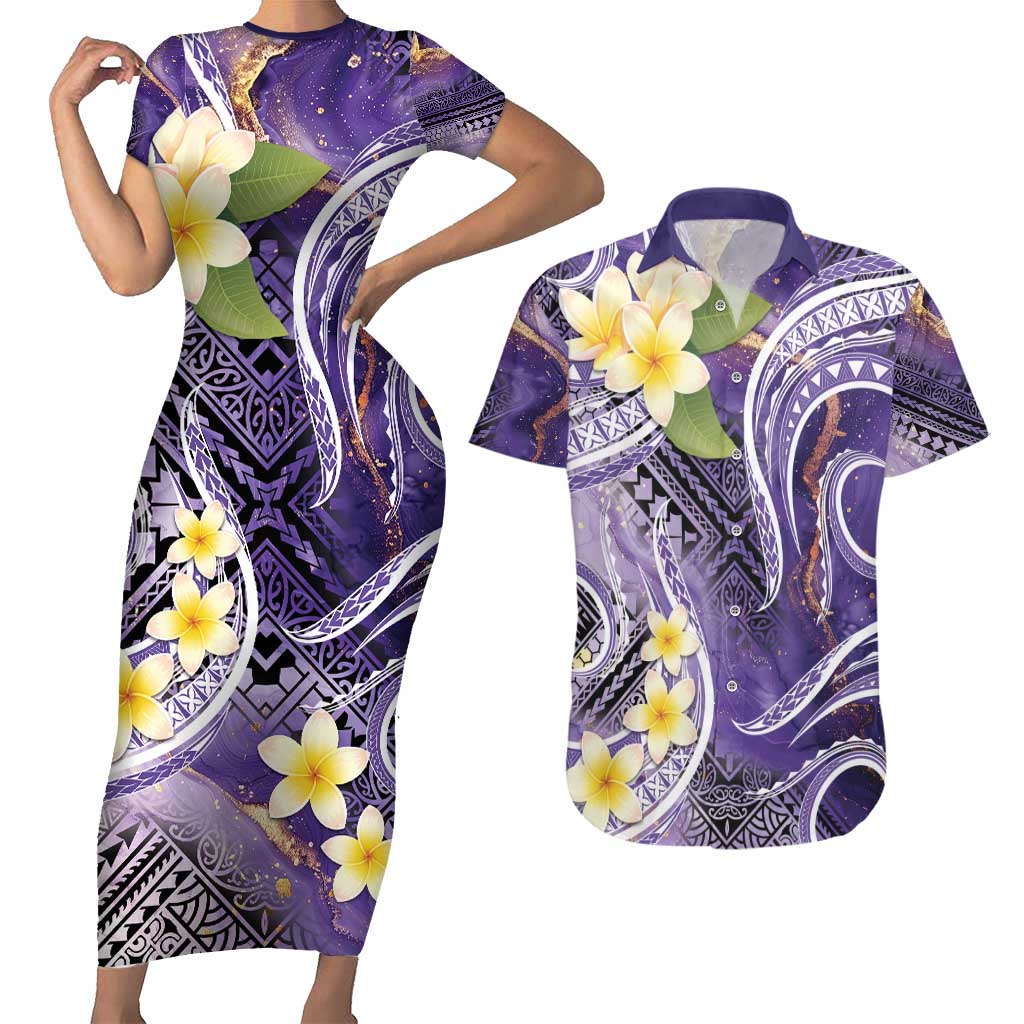 Polynesian Tribal Tattoo Couples Matching Short Sleeve Bodycon Dress and Hawaiian Shirt Plumeria Purple Marble Pattern