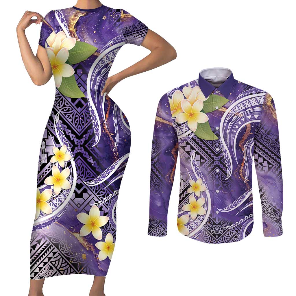 Polynesian Tribal Tattoo Couples Matching Short Sleeve Bodycon Dress and Long Sleeve Button Shirt Plumeria Purple Marble Pattern