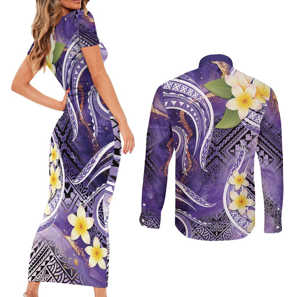 Polynesian Tribal Tattoo Couples Matching Short Sleeve Bodycon Dress and Long Sleeve Button Shirt Plumeria Purple Marble Pattern