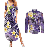 Polynesian Tribal Tattoo Couples Matching Summer Maxi Dress and Long Sleeve Button Shirt Plumeria Purple Marble Pattern