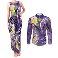 Polynesian Tribal Tattoo Couples Matching Tank Maxi Dress and Long Sleeve Button Shirt Plumeria Purple Marble Pattern