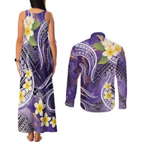 Polynesian Tribal Tattoo Couples Matching Tank Maxi Dress and Long Sleeve Button Shirt Plumeria Purple Marble Pattern