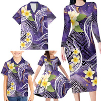 Polynesian Tribal Tattoo Family Matching Long Sleeve Bodycon Dress and Hawaiian Shirt Plumeria Purple Marble Pattern