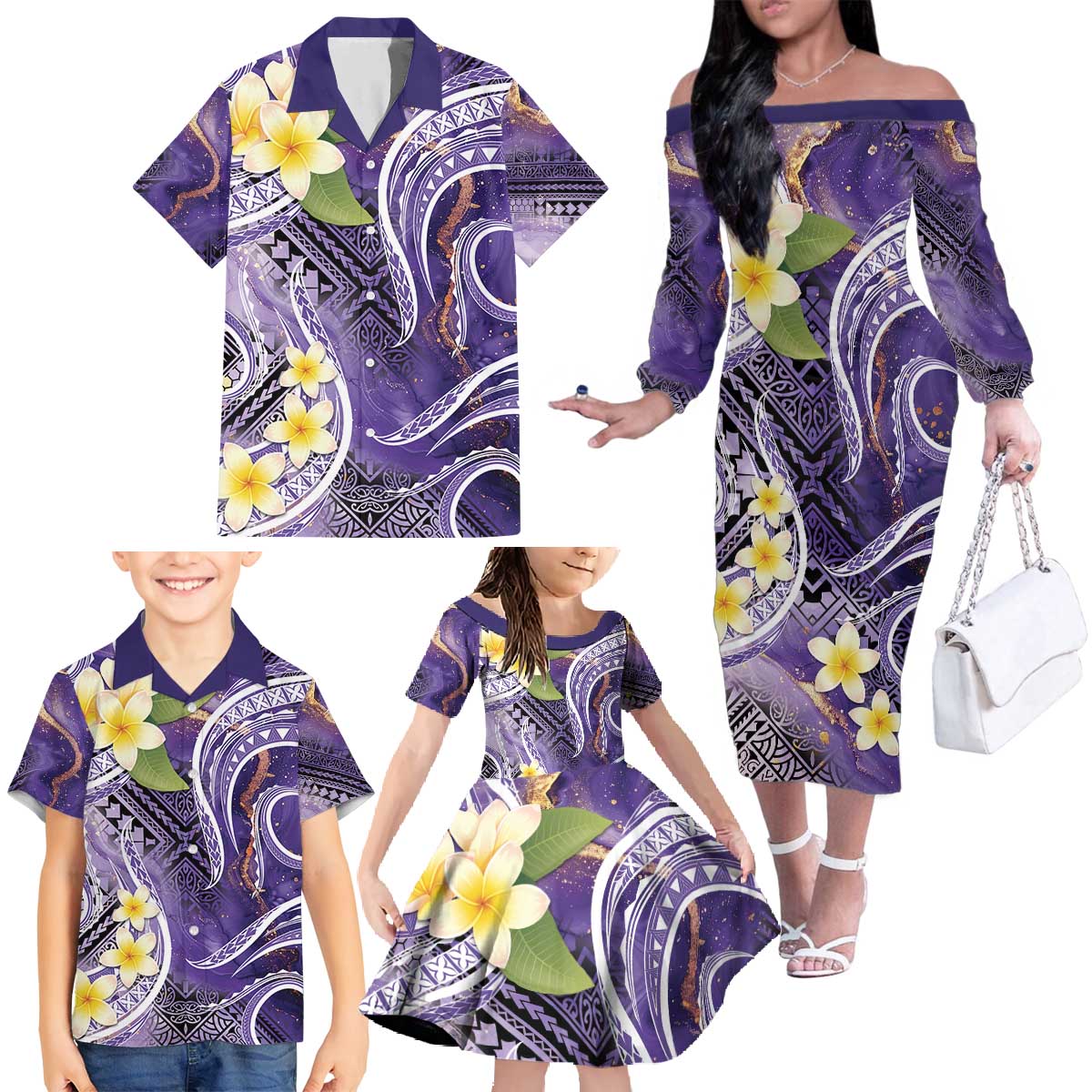 Polynesian Tribal Tattoo Family Matching Off The Shoulder Long Sleeve Dress and Hawaiian Shirt Plumeria Purple Marble Pattern