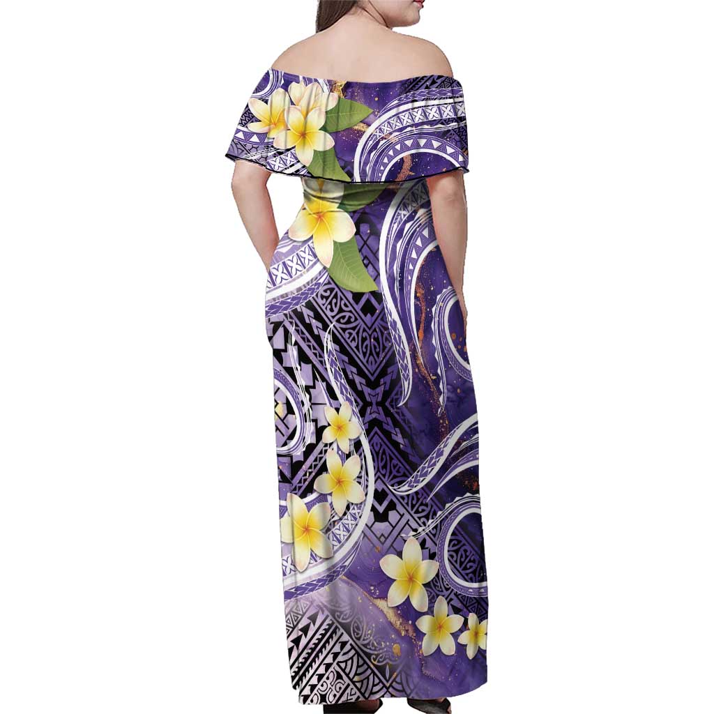 Polynesian Tribal Tattoo Family Matching Off Shoulder Maxi Dress and Hawaiian Shirt Plumeria Purple Marble Pattern
