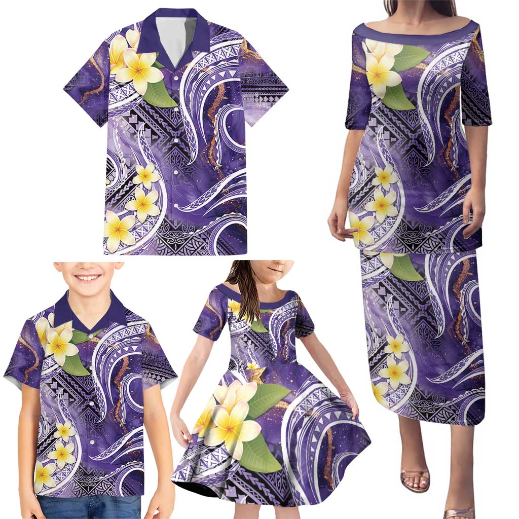 Polynesian Tribal Tattoo Family Matching Puletasi and Hawaiian Shirt Plumeria Purple Marble Pattern