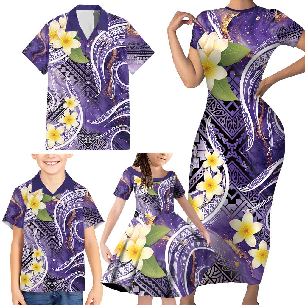 Polynesian Tribal Tattoo Family Matching Short Sleeve Bodycon Dress and Hawaiian Shirt Plumeria Purple Marble Pattern