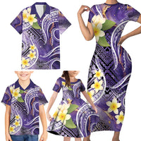 Polynesian Tribal Tattoo Family Matching Short Sleeve Bodycon Dress and Hawaiian Shirt Plumeria Purple Marble Pattern