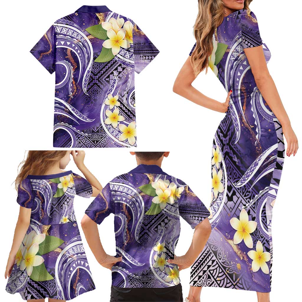 Polynesian Tribal Tattoo Family Matching Short Sleeve Bodycon Dress and Hawaiian Shirt Plumeria Purple Marble Pattern