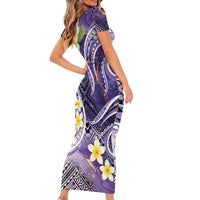 Polynesian Tribal Tattoo Family Matching Short Sleeve Bodycon Dress and Hawaiian Shirt Plumeria Purple Marble Pattern