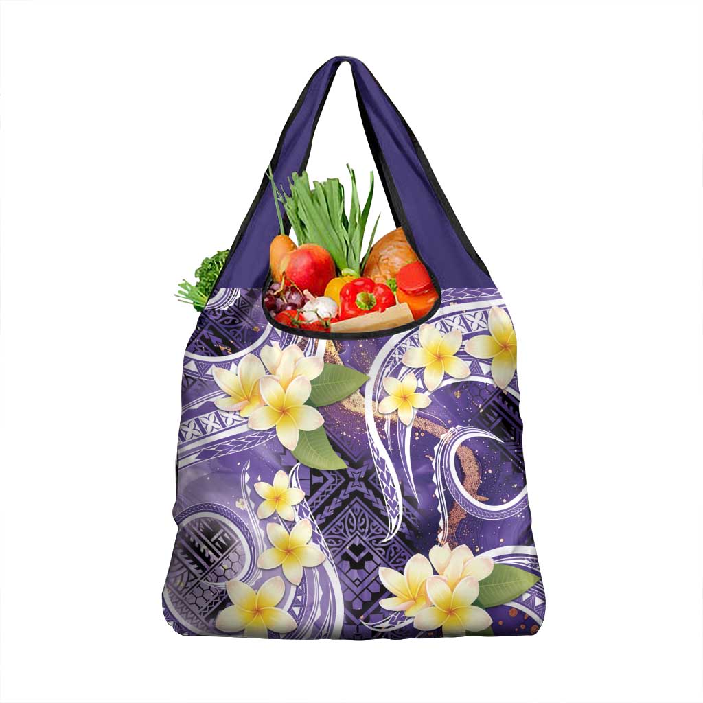 Polynesian Tribal Tattoo Grocery Bag Plumeria Purple Marble Pattern