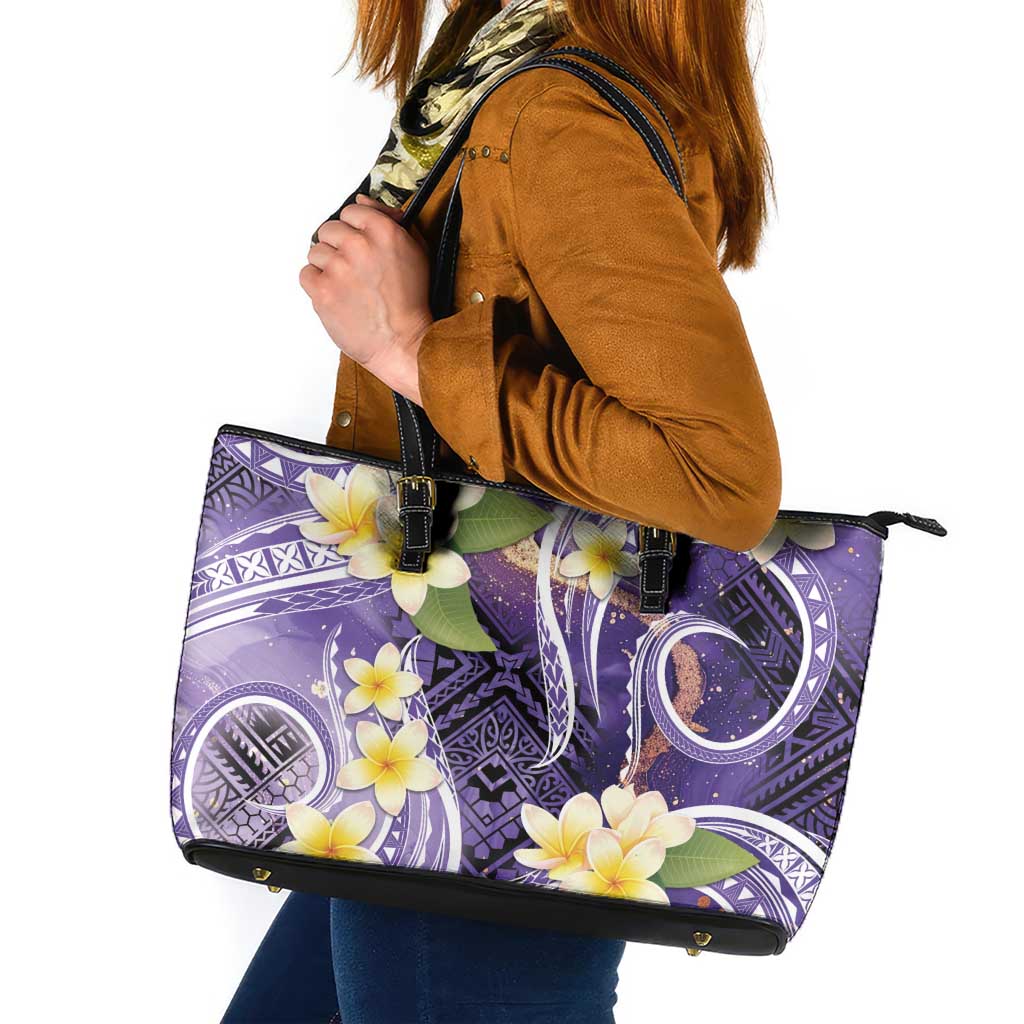 Polynesian Tribal Tattoo Leather Tote Bag Plumeria Purple Marble Pattern