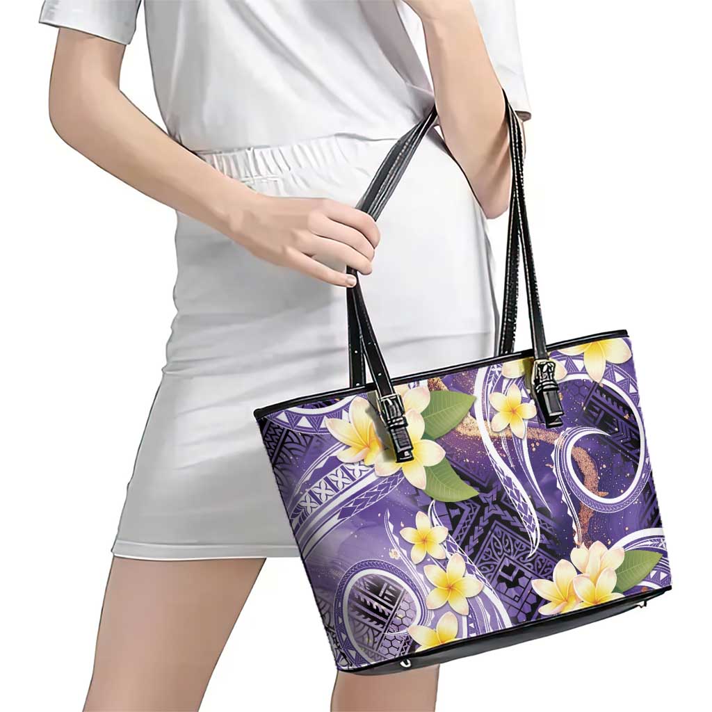 Polynesian Tribal Tattoo Leather Tote Bag Plumeria Purple Marble Pattern