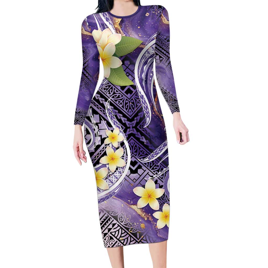 Polynesian Tribal Tattoo Long Sleeve Bodycon Dress Plumeria Purple Marble Pattern