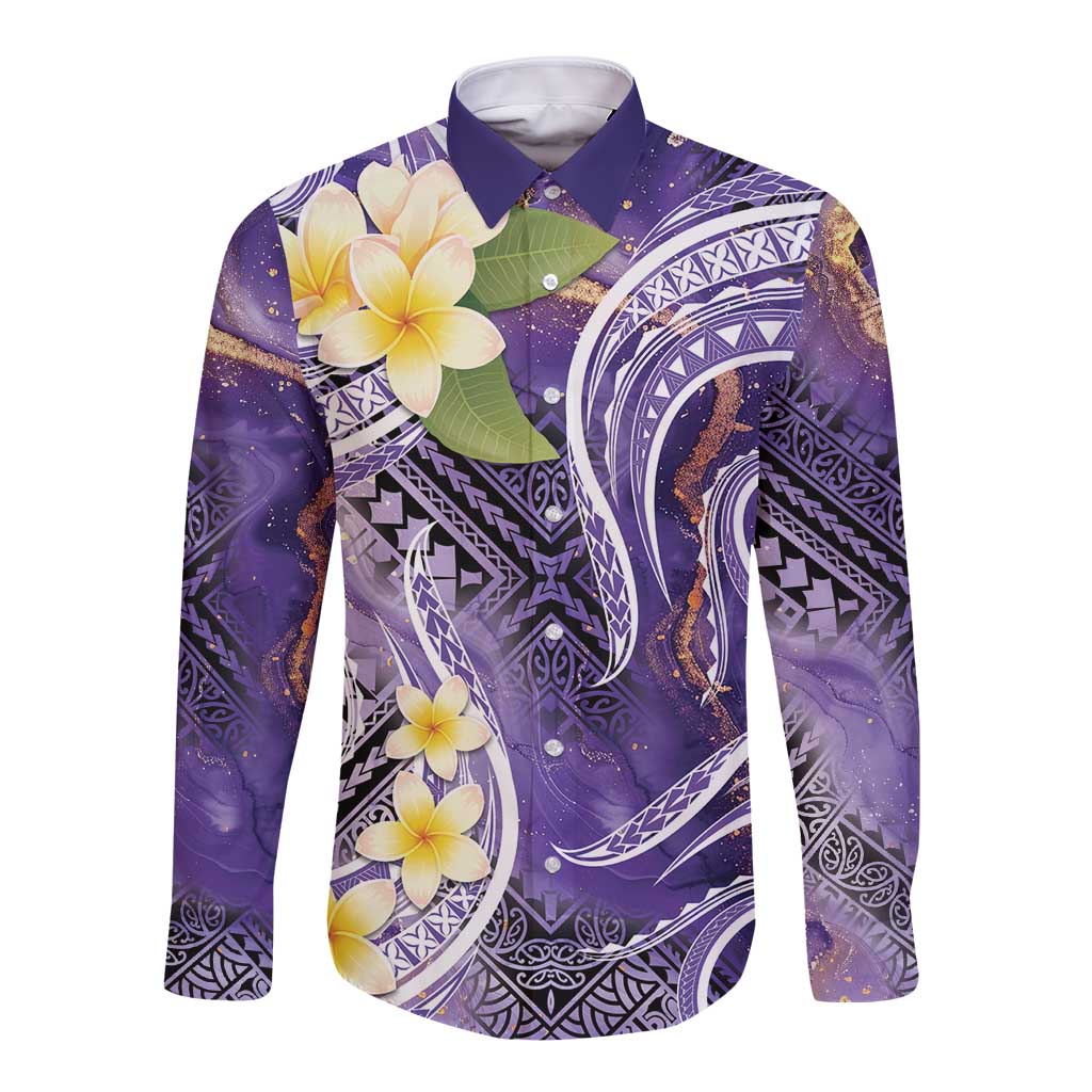 Polynesian Tribal Tattoo Long Sleeve Button Shirt Plumeria Purple Marble Pattern