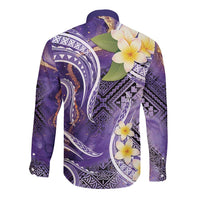 Polynesian Tribal Tattoo Long Sleeve Button Shirt Plumeria Purple Marble Pattern
