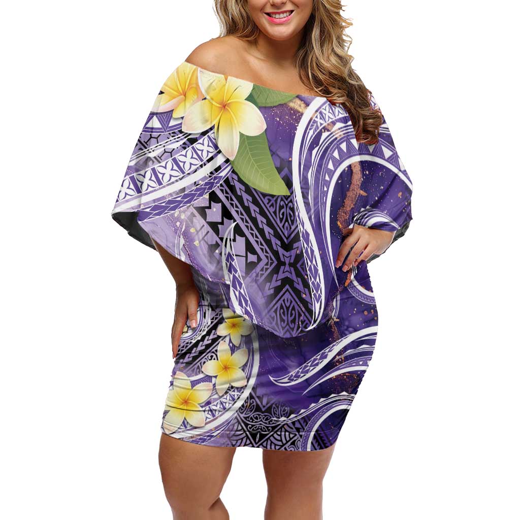 Polynesian Tribal Tattoo Off Shoulder Short Dress Plumeria Purple Marble Pattern