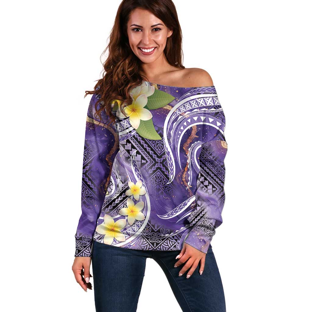 Polynesian Tribal Tattoo Off Shoulder Sweater Plumeria Purple Marble Pattern