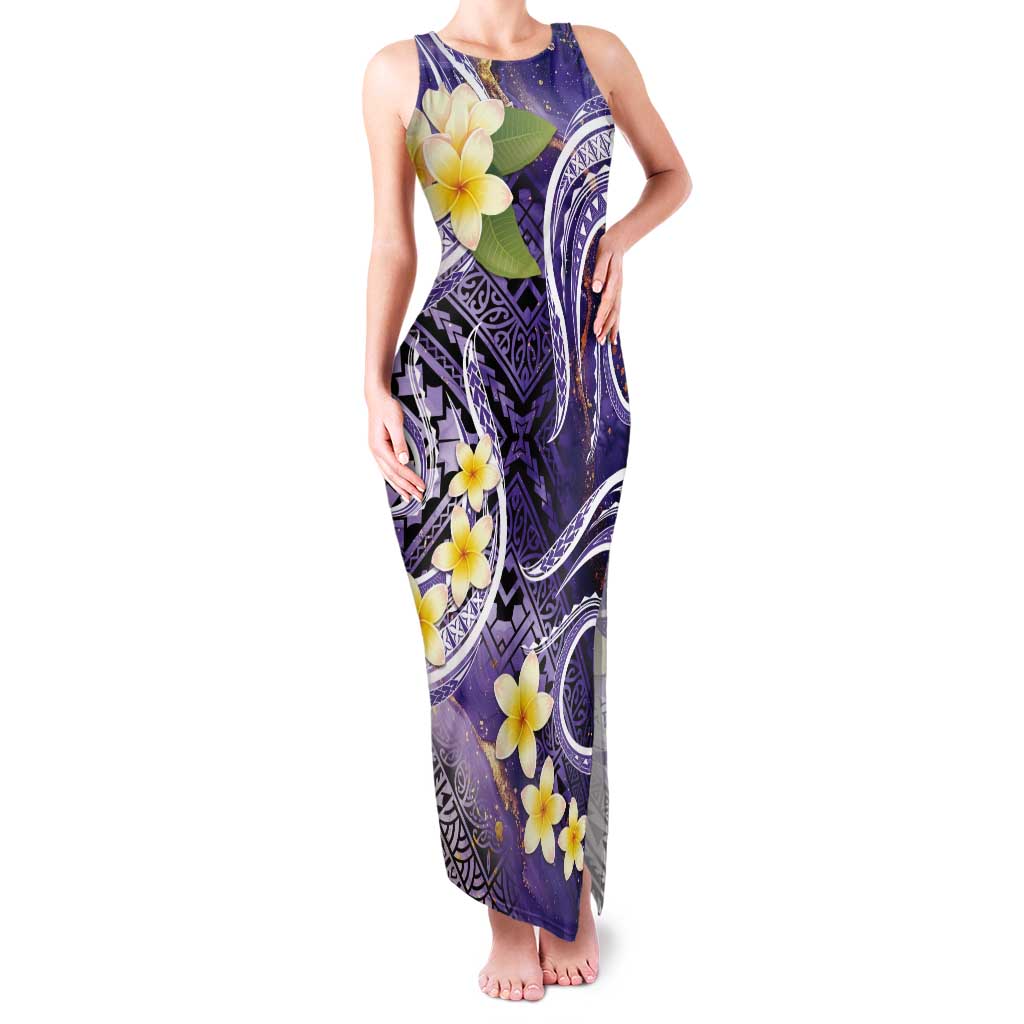 Polynesian Tribal Tattoo Tank Maxi Dress Plumeria Purple Marble Pattern