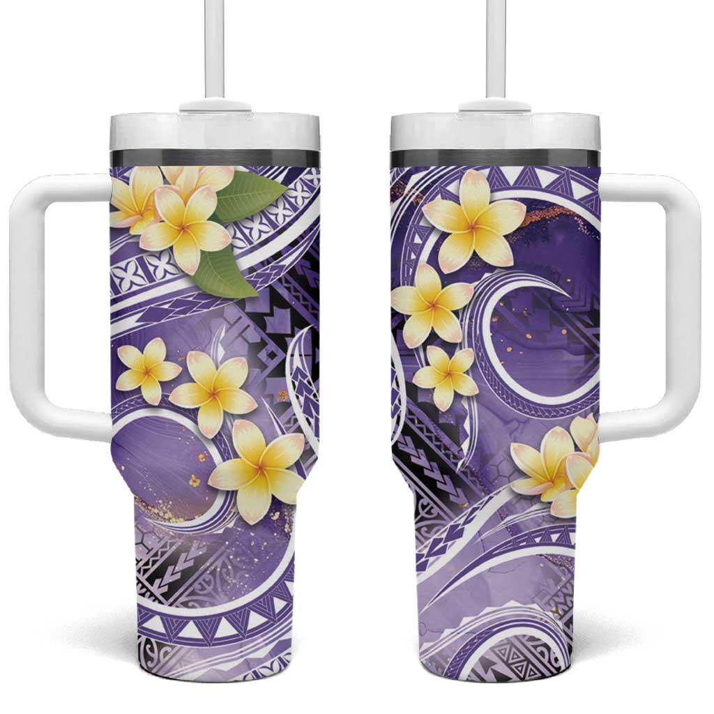 Polynesian Tribal Tattoo Tumbler With Handle Plumeria Purple Marble Pattern