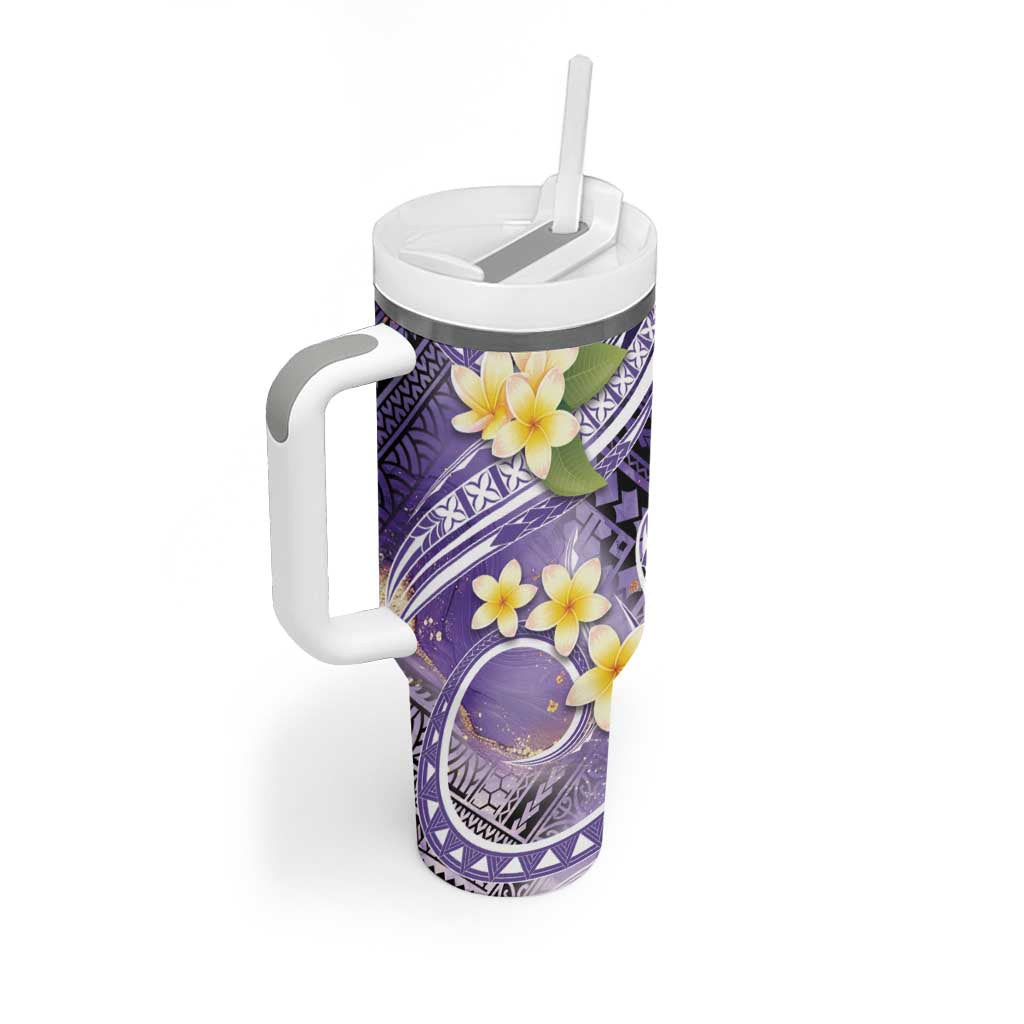 Polynesian Tribal Tattoo Tumbler With Handle Plumeria Purple Marble Pattern