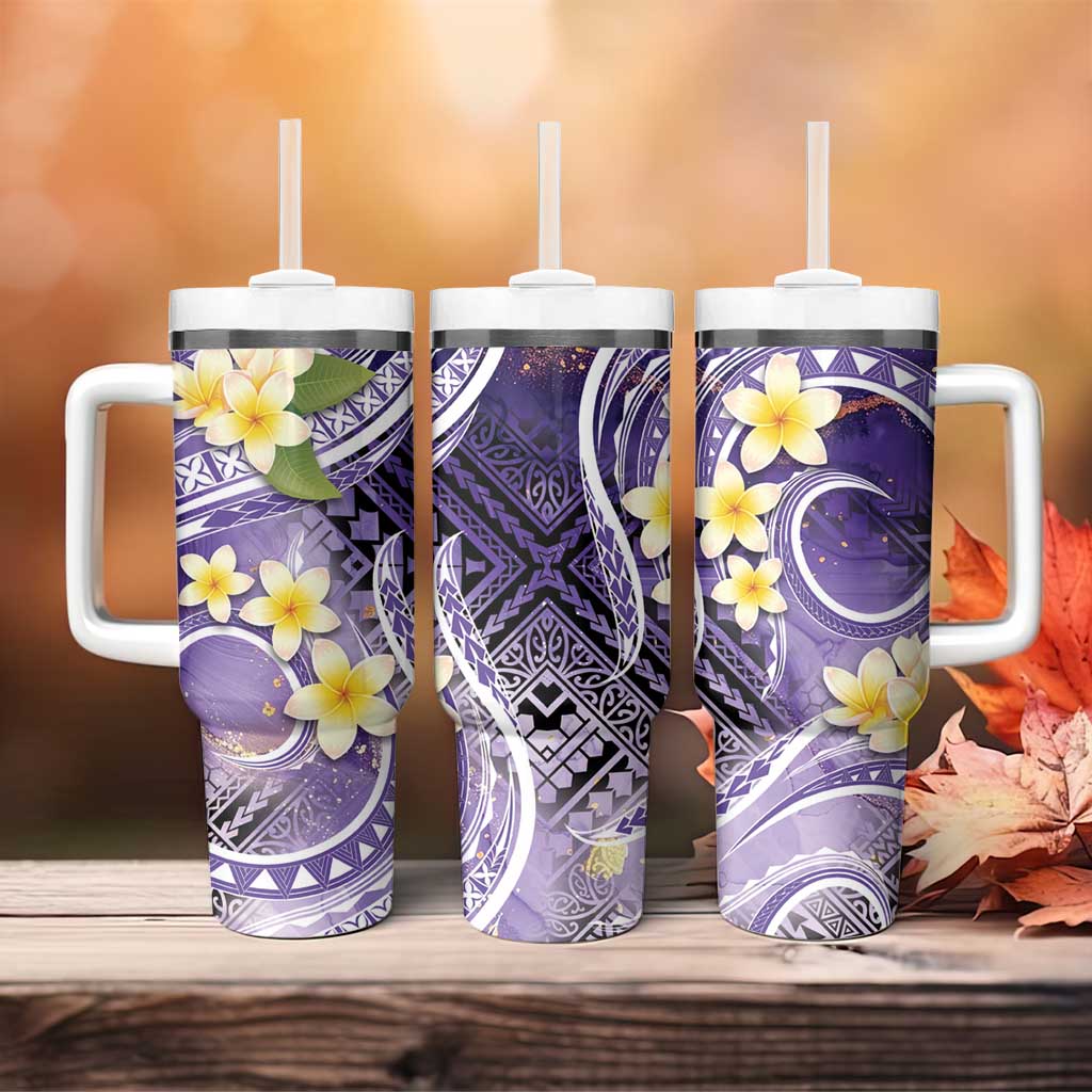Polynesian Tribal Tattoo Tumbler With Handle Plumeria Purple Marble Pattern