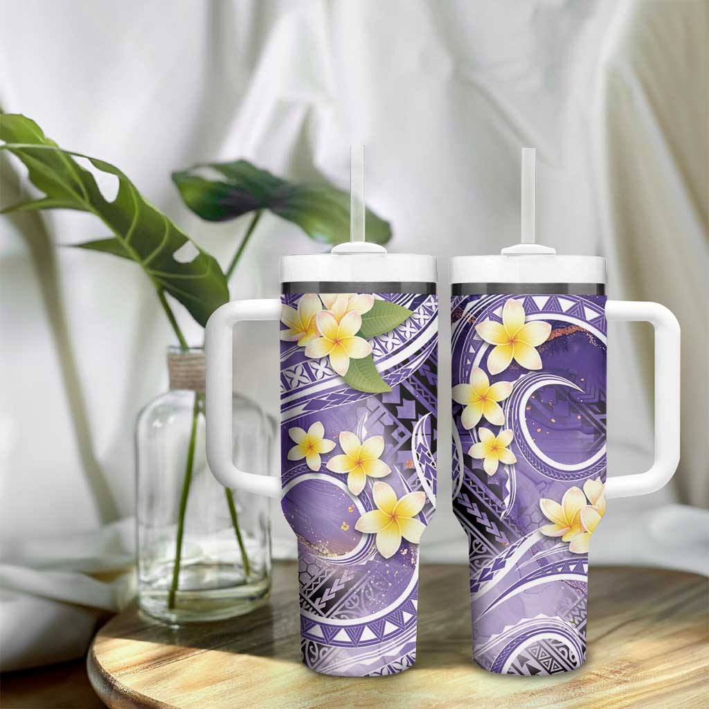 Polynesian Tribal Tattoo Tumbler With Handle Plumeria Purple Marble Pattern