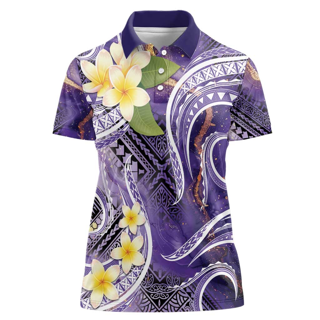 Polynesian Tribal Tattoo Women Polo Shirt Plumeria Purple Marble Pattern