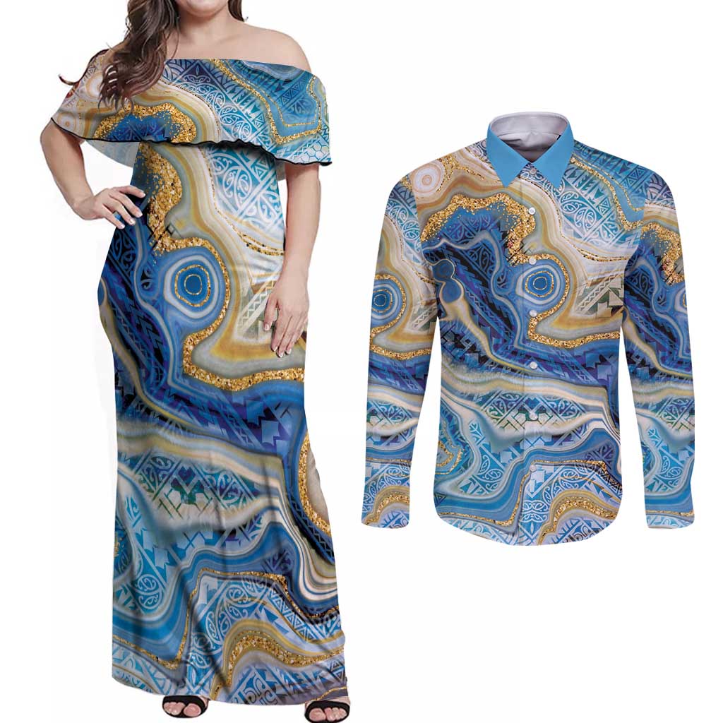 Polynesian Tribal Tattoo Couples Matching Off Shoulder Maxi Dress and Long Sleeve Button Shirt Swirling Ocean Marble Pattern