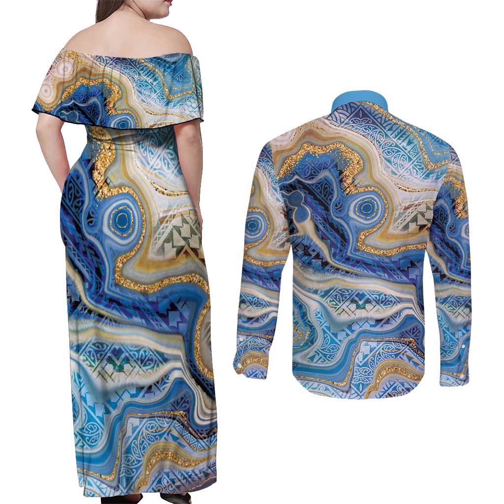 Polynesian Tribal Tattoo Couples Matching Off Shoulder Maxi Dress and Long Sleeve Button Shirt Swirling Ocean Marble Pattern